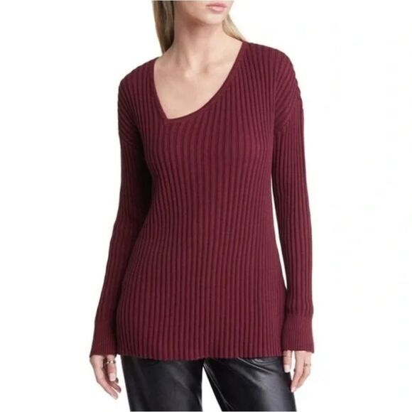 Open Edit Asymmetric V-Neck Tunic Sweater Burgundy - Picture 1 of 7